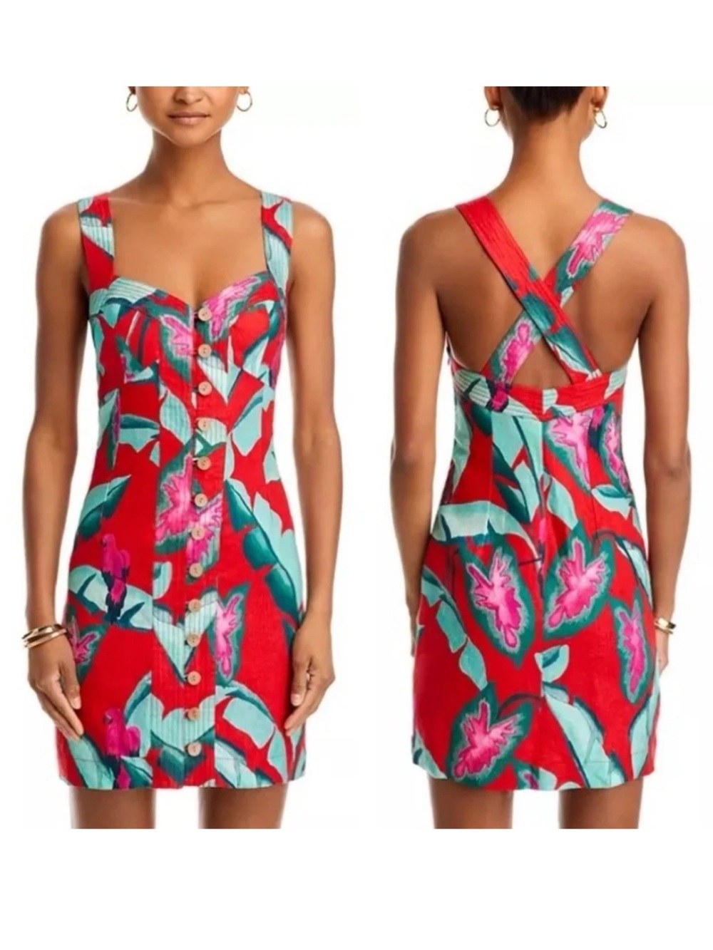 Farm Rio dress Red Summer Foilage mini‎ linen tropical vacation resort colorful
